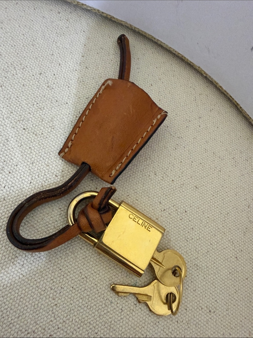 Authentic Celine Rare Tan Leather Keyring with Gold Padlock and keys collectible